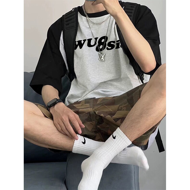 抖音得物高品质二开240克宽松纯棉美式潮牌插肩袖拼接短袖T恤，男装T恤，电商A486-1