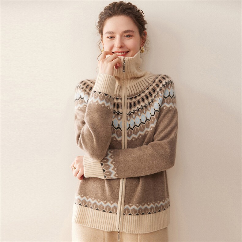 2025秋冬百搭时尚简约费尔岛羊绒开衫外套，女装羊绒衫，珍丝贝尔