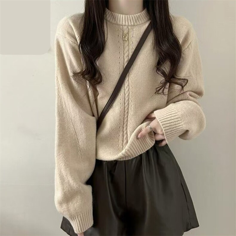 时尚百搭秋冬保暖休闲针织毛衣显瘦宽松长袖圆领女装外套，女装针织衫/毛衣，萱芳婷羊绒