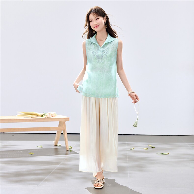 夏季新款现货！2026洋气时尚百搭款刺绣上衣+琉璃亮光阔腿裤套装，女装套装/套裙，宝儿家