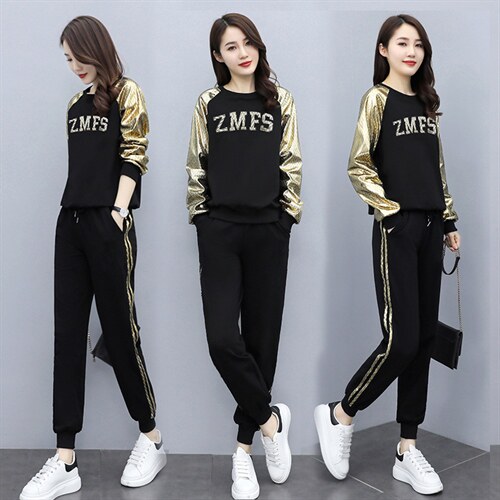 芷墨春秋装新款时尚简约撞色运动套装裤卫衣上衣两件套装,女装运动套装,芷墨服饰