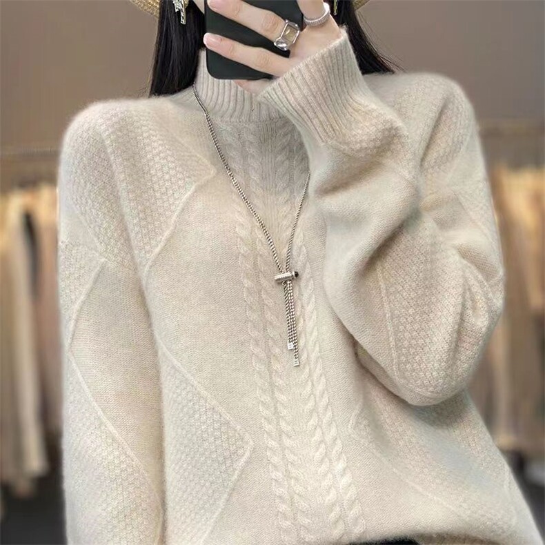 秋冬新款加厚100%羊毛衫女半高领针织扭花毛衣宽松百搭羊绒衫打底,女装羊毛衫,胜酷羊绒