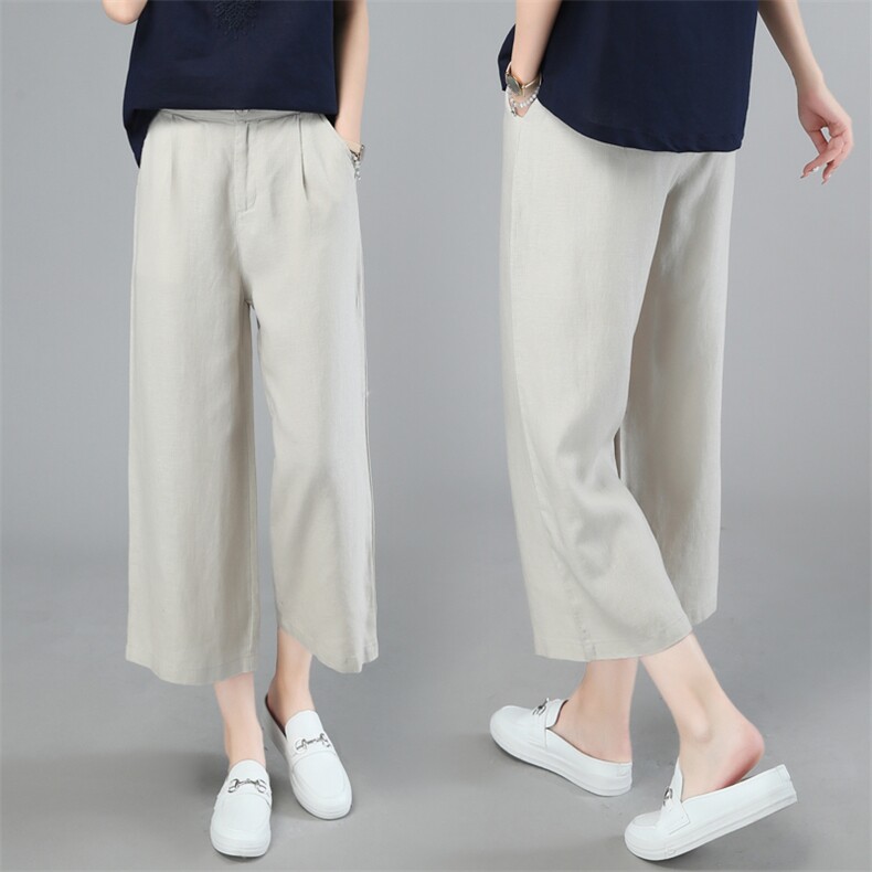 夏季新款中年妈妈棉麻休闲宽腿裤松紧腰薄款八分显瘦亚麻阔腿裤女，女装休闲裤，璐依舞