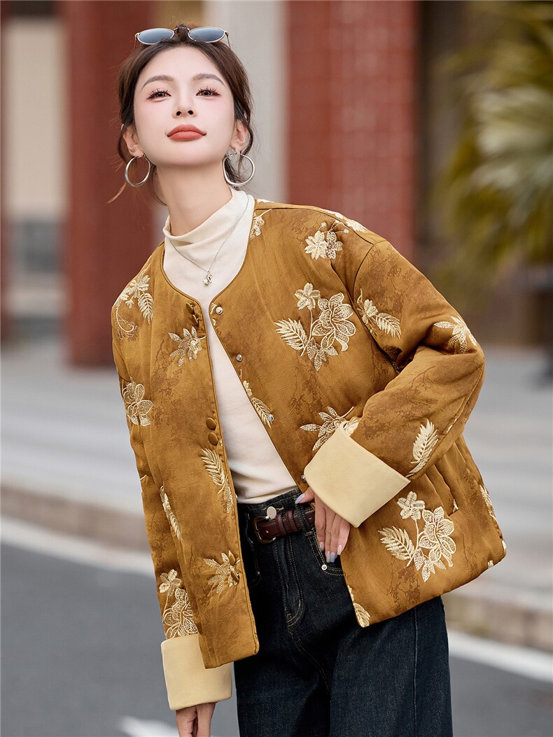 2025冬装新款刺绣优雅轻薄棉衣,女装棉衣/棉服,伊仟回