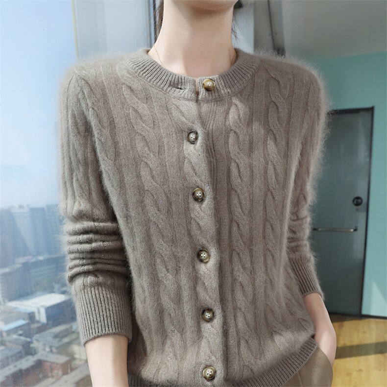 秋冬季新款舒适时尚百搭加厚圆领貂绒开衫，女装针织衫/毛衣，冬贝尔貂绒