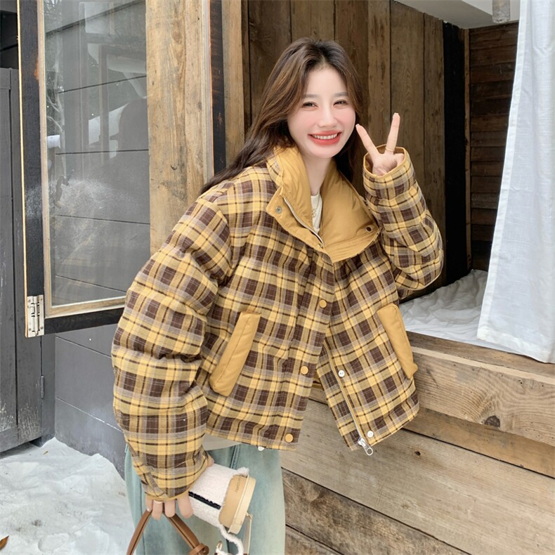 新品黄色格纹短款羽绒服90白鸭绒2C271-9575-P265-K378,女装羽绒服,2C271