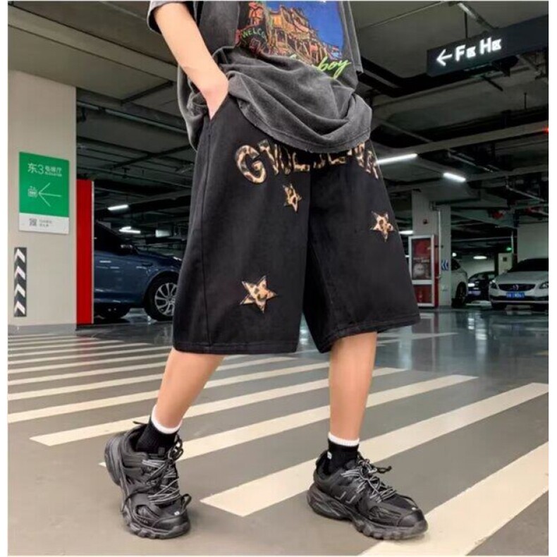 欧美简约复古发泡印花运动短裤男潮牌街头宽松情侣工装薄款五分裤，男装牛仔裤，四季星座505