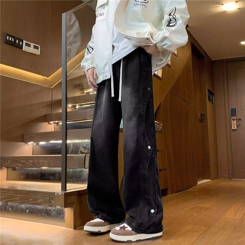 美式牛仔裤男垂感阔腿宽松高街潮牌设计感纽扣拼接解构Z1043P41,男装牛仔裤,星座1112-1