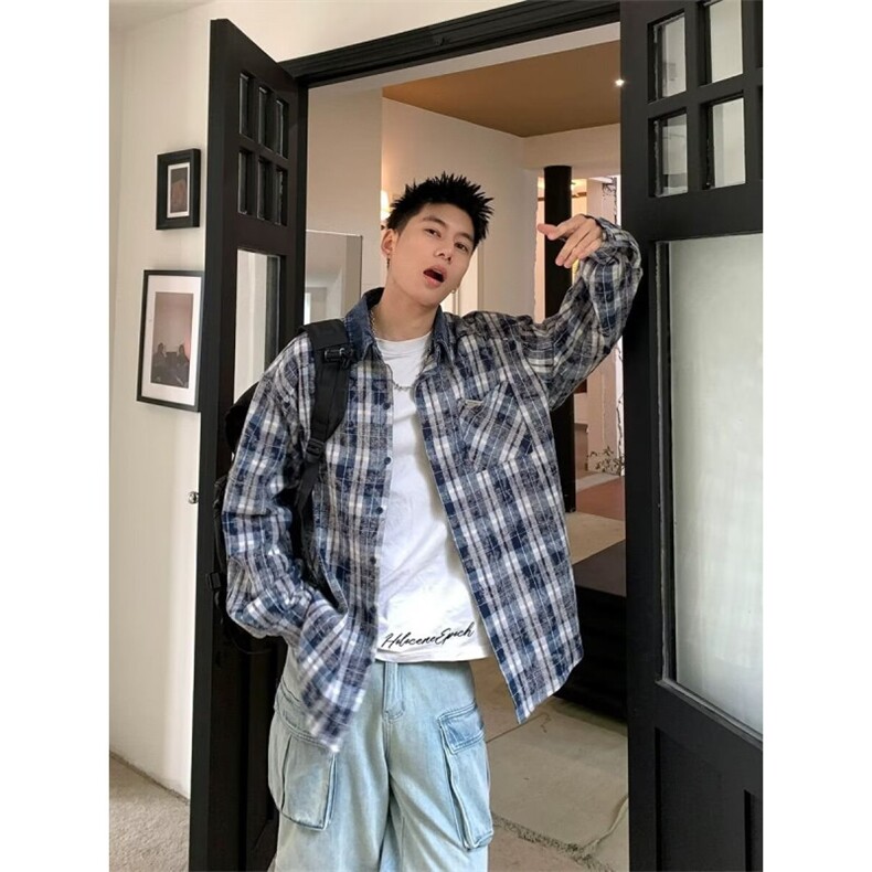 1506/QJ050/P48灯芯绒领口拼接做旧长袖衬衫男女小众休闲百搭衬衣图片