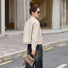 2025春季新款休闲时尚简约皮衣外套，女装皮衣，魅丽静蓝