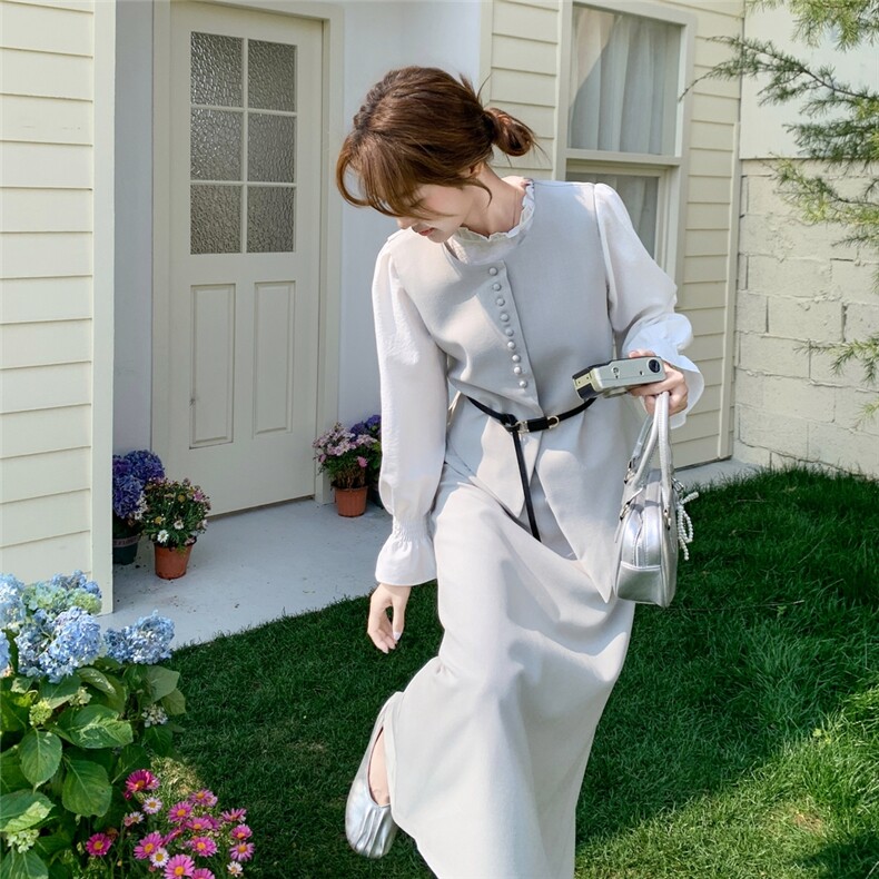 法式温柔设计感马甲套装女2025春秋新款超火好看衬衣半身裙三件套,女装套装/套裙,2D078