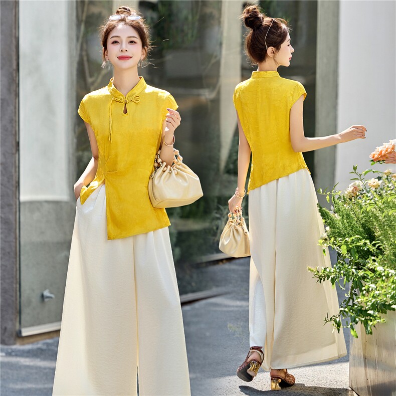 复古气质新中式旗袍上衣+阔腿裤长裤2025年夏季阔腿裤新款两件套，女装套装/套裙，艾仟回(原伊仟回)