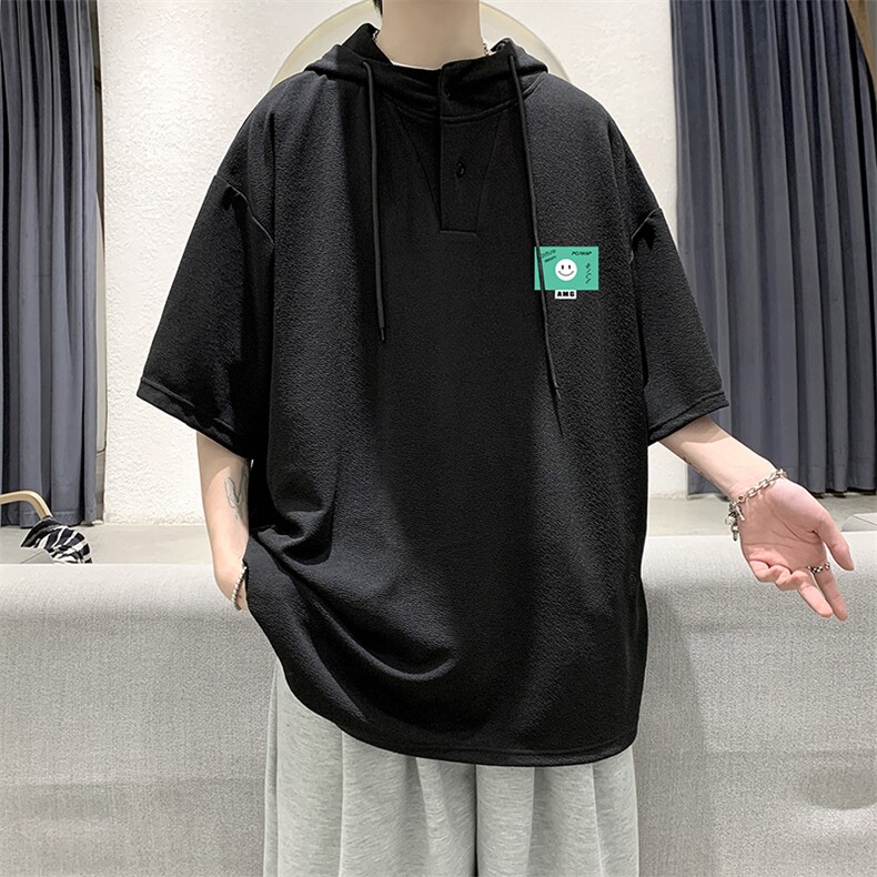 LD54264-P45连帽短袖t恤男大码胖子带帽五分袖中袖大皂风,男装T恤,电商A040