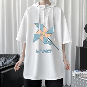 LD54112-P45 连帽短袖t恤男大码胖子带帽五分袖中袖图片