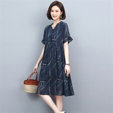 雪纺连衣裙女夏2024新款中年妈妈宽松显瘦大码中长款休闲a字裙子，女装连衣裙，忆绮罗