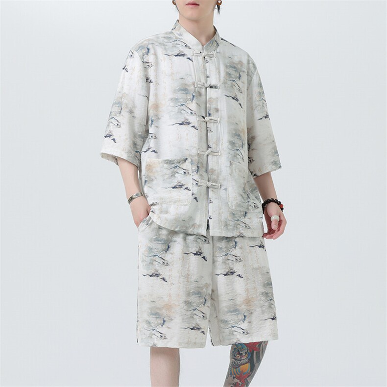 2026夏季新款男风冰丝唐装民族风印花套装短袖+短裤A115-P80,男装牛仔裤,电商B277(原6028)