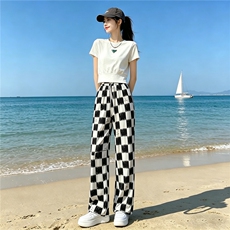 欧货时尚休闲运动套装女夏季新款显瘦圆领短袖上衣格子长裤两件套，女装套装/套裙，江南