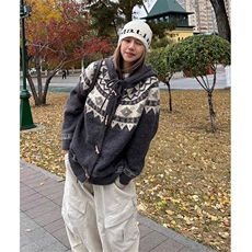 灰色费尔岛毛衣女款2025新款冬季穿搭慵懒高级感加厚针织开衫外套，男装针织衫/毛衣，星座813-2