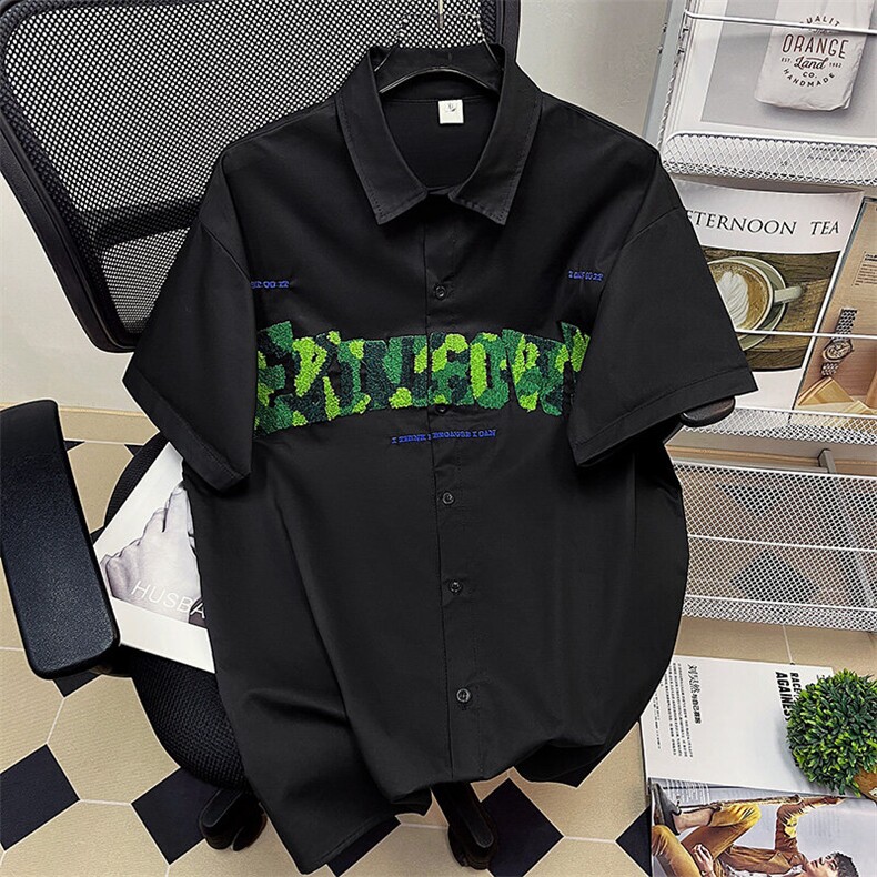 1港风字母刺绣设计大码M-5XL中性风网红短袖衬衫男DCS7722P45控59，男装T恤，星座226-2