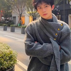 围巾高领设计感白色毛衣男冬新中式复古慵懒风针织衫cleanfit外套，男装针织衫/毛衣，星座601-1