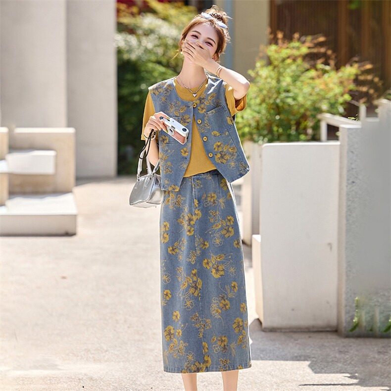 新中式盘扣牛仔套装裙女2025年夏季新款复古印花半身裙两件套,女装套装/套裙,关键词