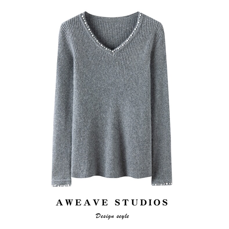 2024秋冬新款山羊绒十二针V领袖口珍珠羊绒衫,女装羊绒衫,咔绒特