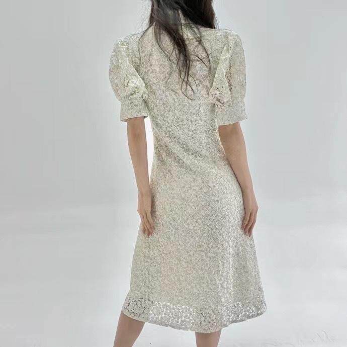 蕾丝泡泡袖连衣裙，女装连衣裙，HE