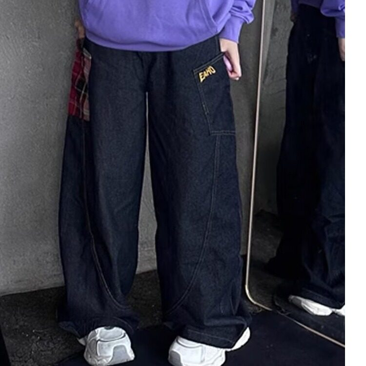 格子拼接弯刀牛仔裤男潮牌痞帅美式复古baggy裤子直筒宽松萝卜裤,男装牛仔裤,星座506A