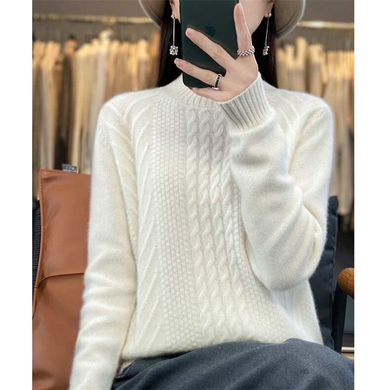 2025年秋季通勤重磅加厚半高扭花时尚百搭通勤柔软休闲,女装羊毛衫,大美人包芯纱店