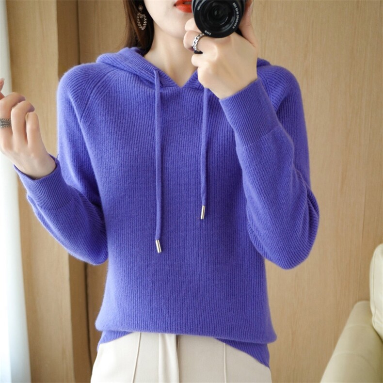 新款连帽韩版羊毛衫女宽松带帽衫套头针织打底帽衫卫衣毛衣女，女装羊毛衫，奢优羊绒