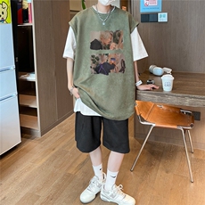 直播美式麂皮绒宽松背心无袖t恤短裤大码两件套套装TZ105-P58，男装T恤，电商A486