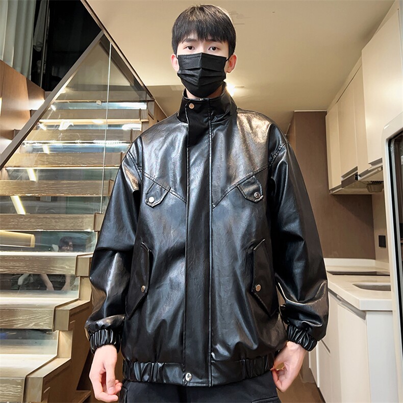 立领夹克男秋季宽松水洗皮衣潮茄克外套休闲A266-PY008-P75控138图片