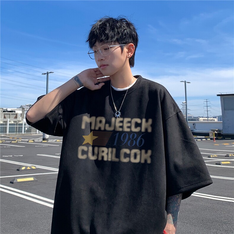 美式高街印花t恤男夏季薄款痞帅设计感短袖宽松大码青少年百搭T恤图片