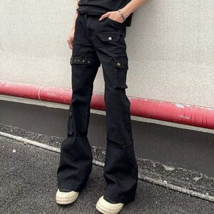 美式vibe风绑带微喇牛仔裤男女ins高街潮牌直筒显瘦cleanfit长裤图片