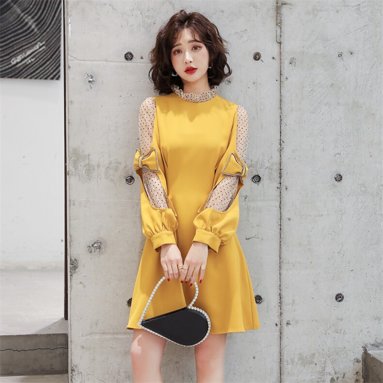 现货2024秋装新款韩版拼纱灯笼袖纯色连衣裙女蝴蝶结烫钻A字裙，女装连衣裙，霓裳依族