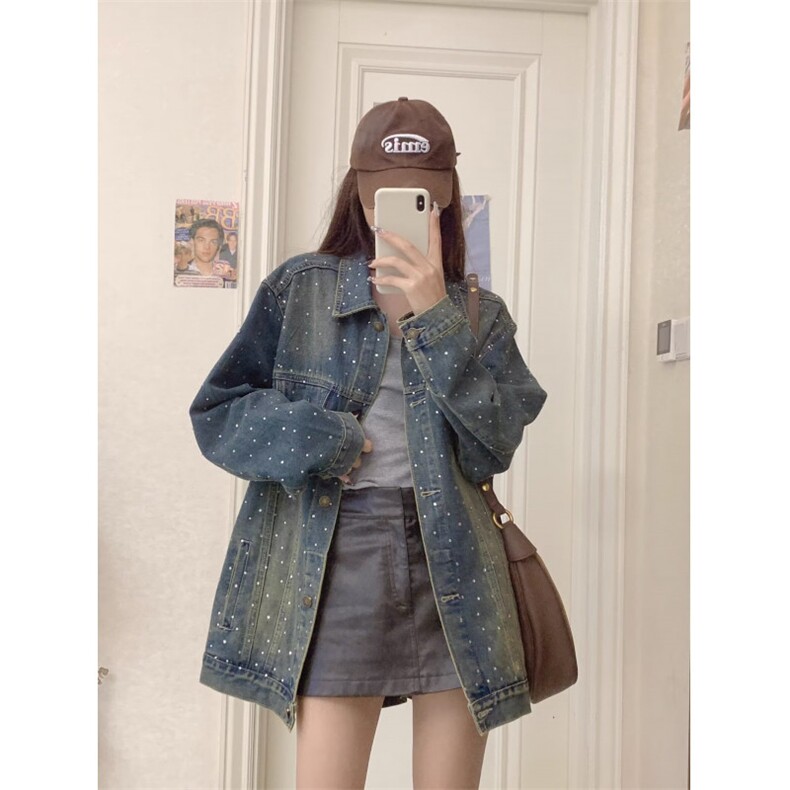水洗烫钻牛仔外套女春秋新款复古美式韩版宽松休闲气质高级感上衣,男装工装外套,星座506A