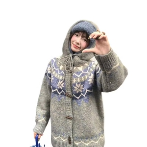 秋冬复古费尔岛提花毛衣开衫男女连帽牛角扣外套设计感针织上衣图片