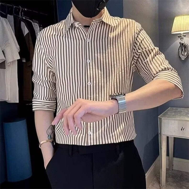 夏季韩版百搭ins条纹七分袖衬衫男士修身休闲发型师中袖免烫衬衣,男装衬衫,星座506A