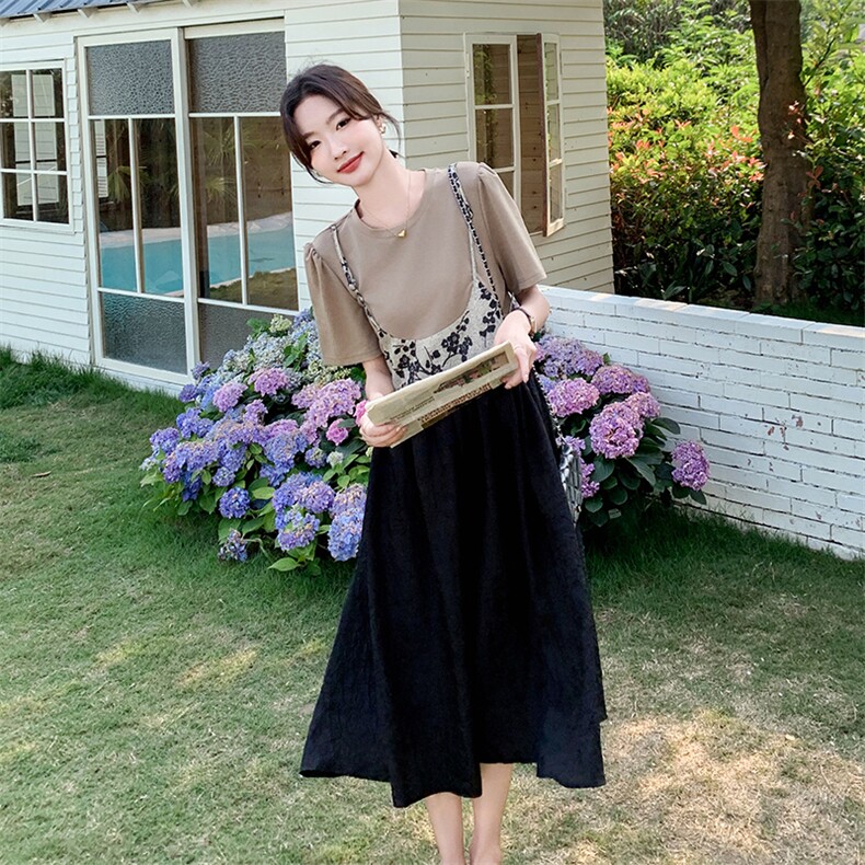 法式碎花拼接假两件套连衣裙女2024夏季新款大码气质收腰显瘦裙子图片