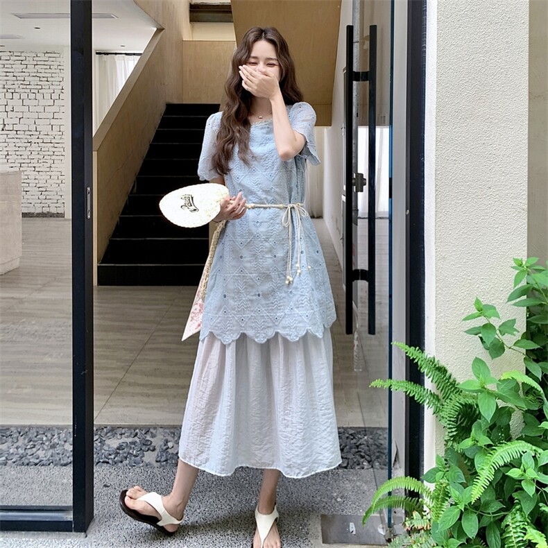 碎花连衣裙方领夏季小个子甜美法式见外包装拼接长裙蕾丝碎花显瘦图片
