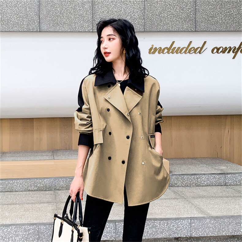 【现货】撞色中长款风衣女春秋韩版宽松流行小个子工装外套，女装风衣，鑫火火