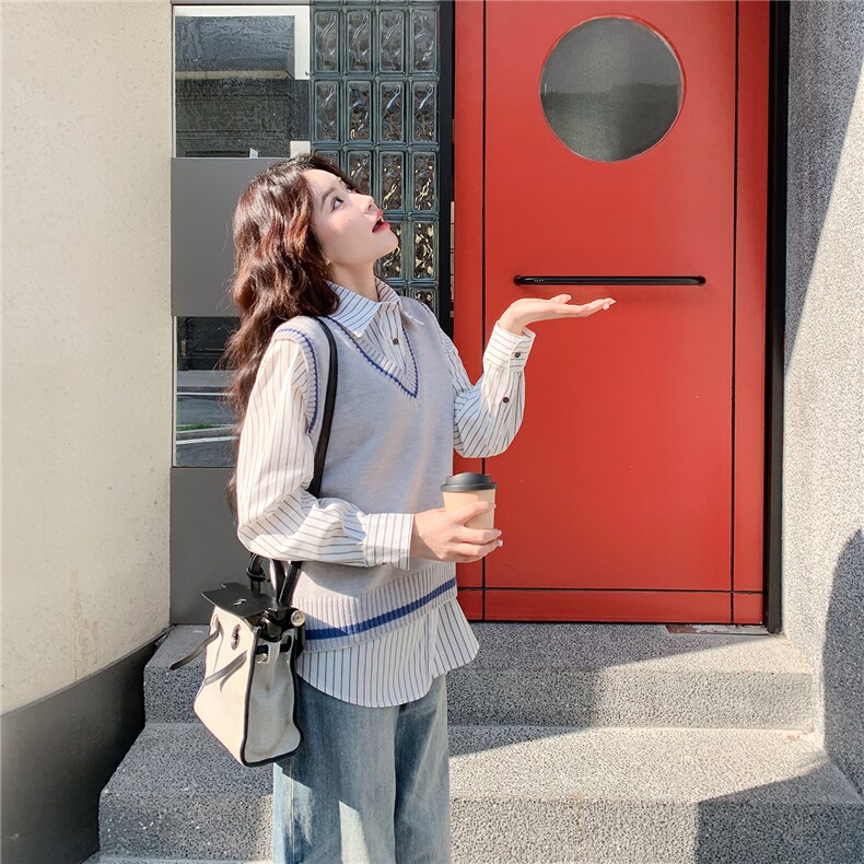 现货春装新品学院风针织马甲条纹衬衫两件套2606P140K228,针织衫/毛衣,2C219