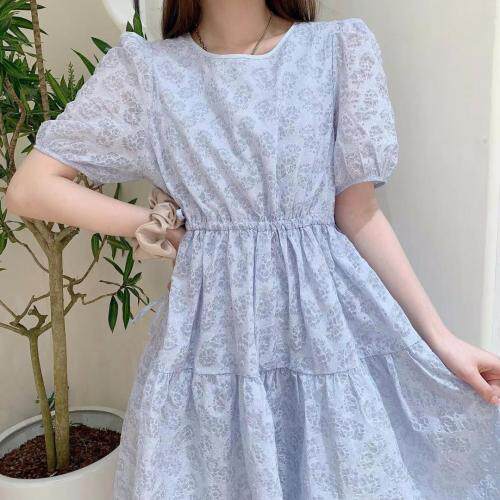 现货夏季新款蓝色印花连衣裙，女装连衣裙，薇化