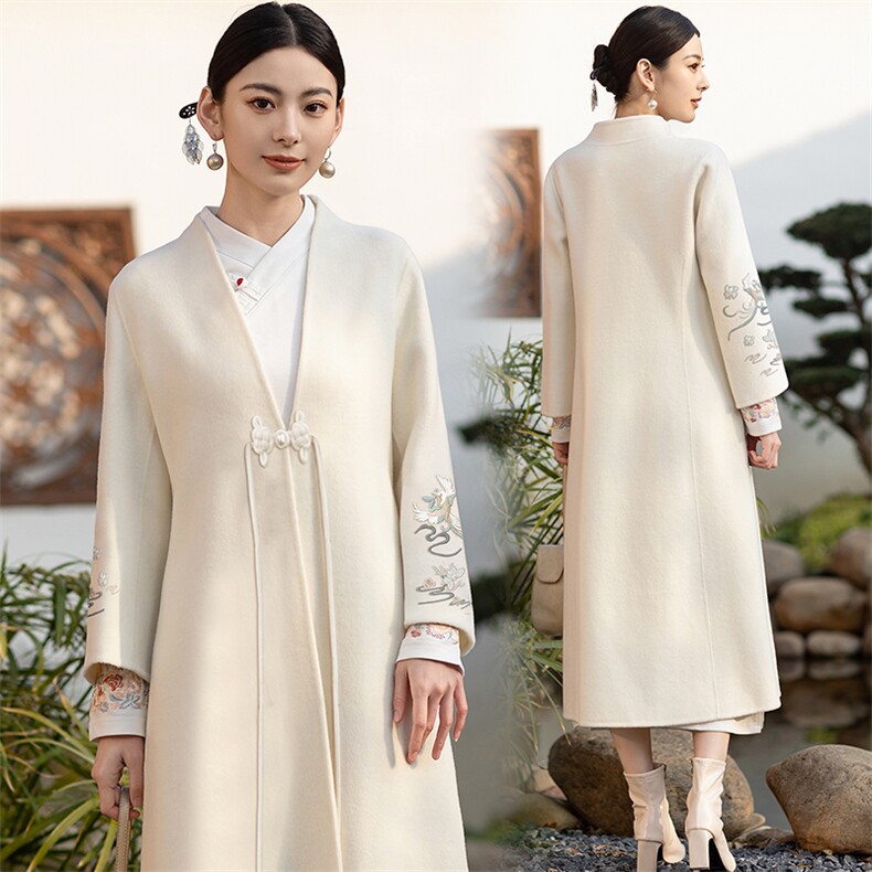 2025年复古春季新款双面呢新中式减龄气质毛呢大衣百搭通勤外套,女装毛呢外套,芷墨服饰