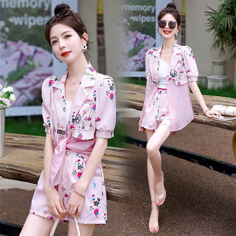 小个子高腰连衣裙西装领职业夏季短袖气质收腰印花短裤，女装短裤/热裤，韩美纤衣