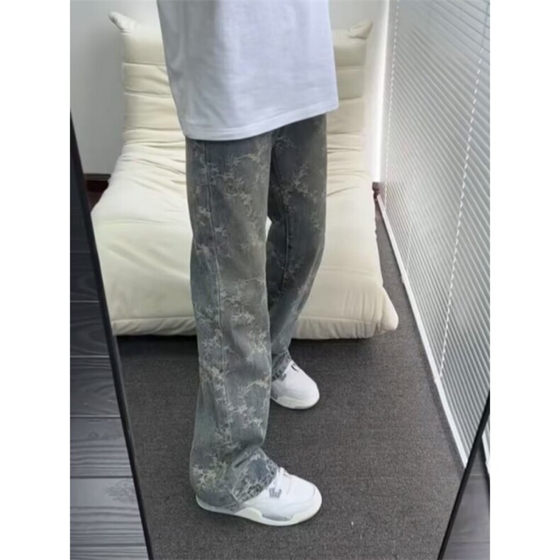 美式街头个性休闲趣味直筒宽松阔腿牛仔裤男女长裤图片