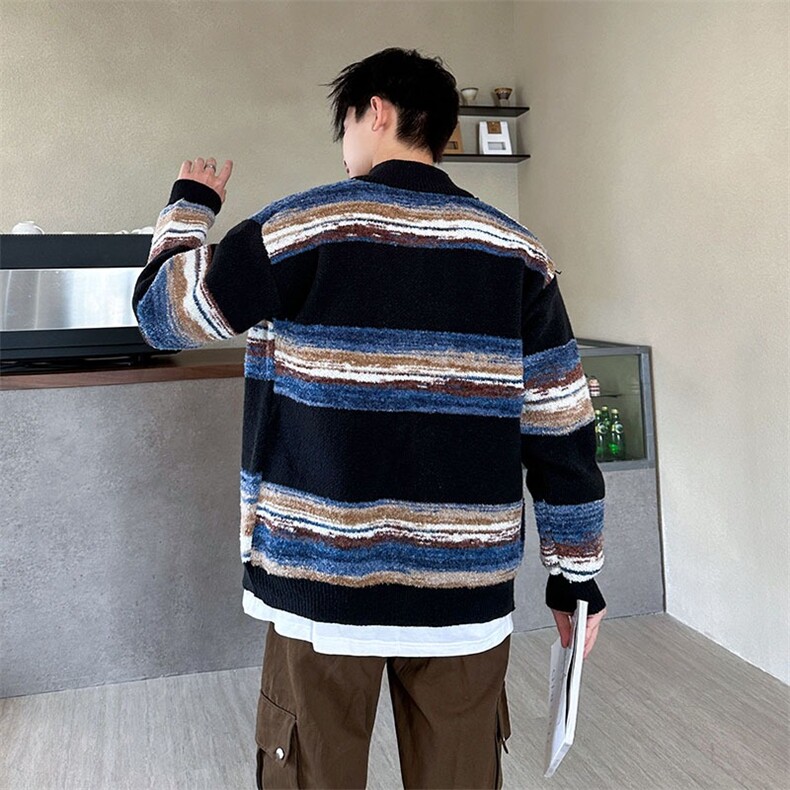 复古慵懒渐变条纹开衫毛衣外套秋冬高级情侣毛衣男潮牌YM133-P62,男装针织衫/毛衣,星座1109-3