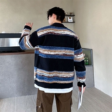 复古慵懒渐变条纹开衫毛衣外套秋冬高级情侣毛衣男潮牌YM133-P62，男装针织衫/毛衣，星座1109-3