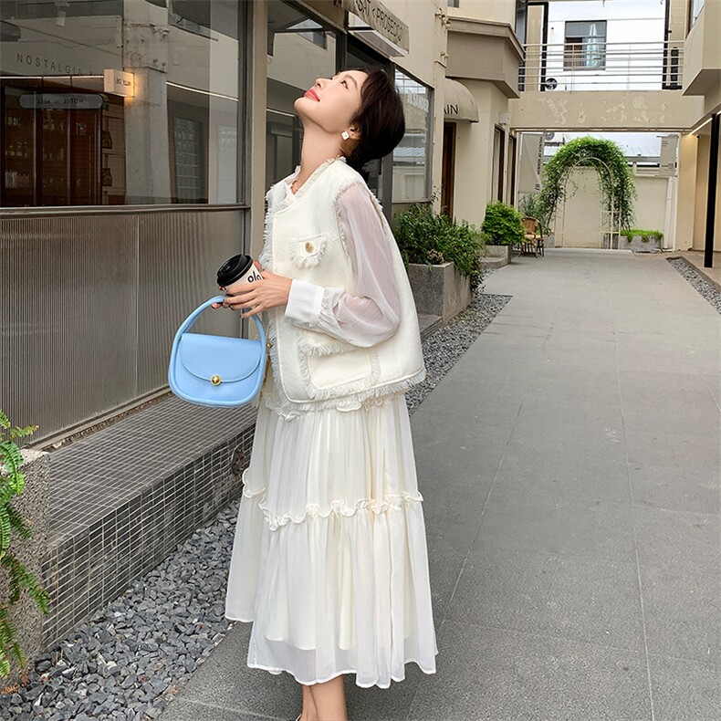 法式小香风流苏马甲连衣裙两件套女春秋新款轻熟风白色气质长裙子,女装套装/套裙,纯色衣恋