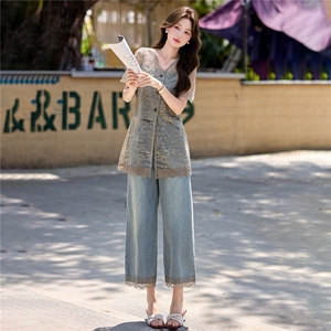 衫蕾丝拼接牛仔2件套女2026夏新显瘦蕾丝牛仔衬衫阔腿裤时尚套装图片
